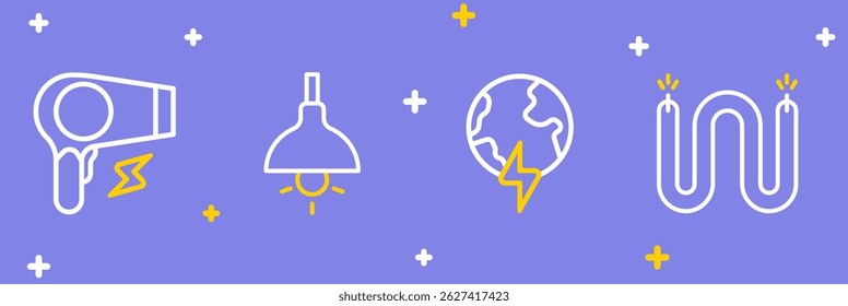 Set line Electric cable, Global planet with thunderbolt, Lamp hanging and Hair dryer icon. Vector