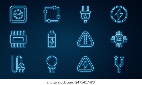 Set line Electric cable, Processor with microcircuits CPU, plug, Battery, Electrical outlet, Exclamation mark in triangle and scheme icon. Vector