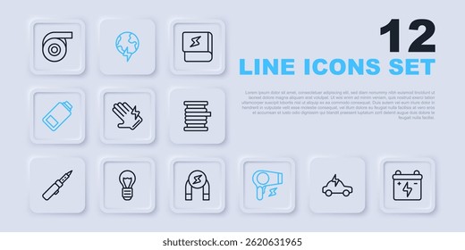 Set line Electric car, Car battery, glove, Hair dryer, Battery charge, Creative lamp light idea, Global planet with thunderbolt and Magnet icon. Vector