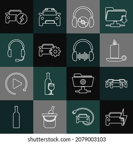 Set line Electric car, Cars, Burning candle in candlestick, Headphones CD or DVD, service, with microphone,  and sound waves icon. Vector