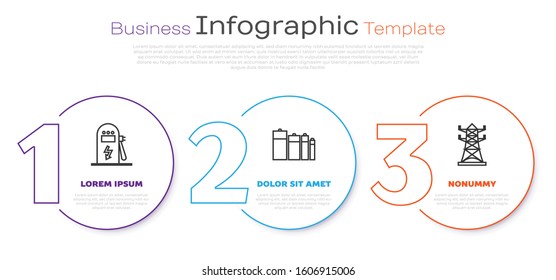 Set line Electric car charging station, Battery and High voltage power pole line. Business infographic template. Vector