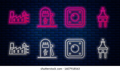 Set line Electric car charging station, Electric light switch, Power station plant and factory and Electric plug. Glowing neon icon on brick wall. Vector