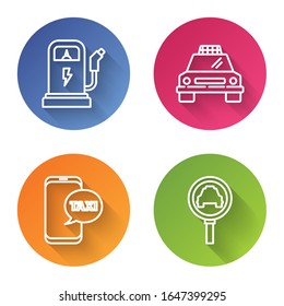 Set line Electric car charging station, Taxi car, Taxi call telephone service and Magnifying glass and taxi car. Color circle button. Vector