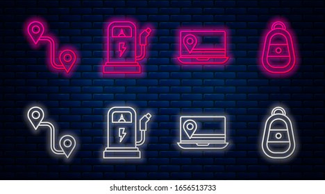 Set line Electric car charging station, Laptop with location marker, Route location and Car key with remote. Glowing neon icon on brick wall. Vector