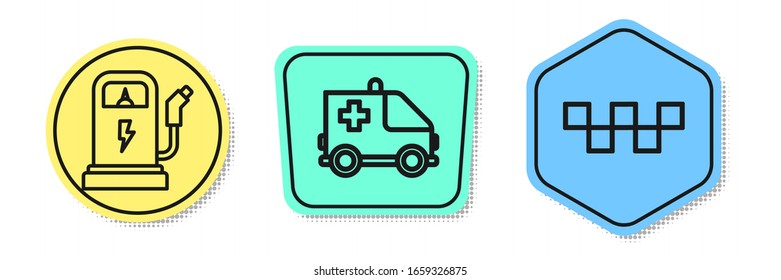 Set line Electric car charging station, Ambulance and emergency car and Taxi car roof. Colored shapes. Vector