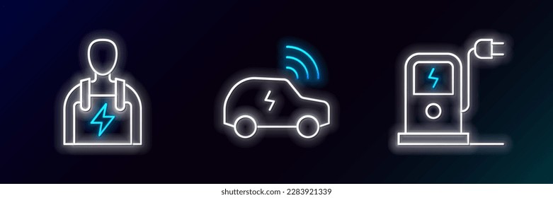 Set line Electric car charging station, Car mechanic and Smart system icon. Glowing neon. Vector