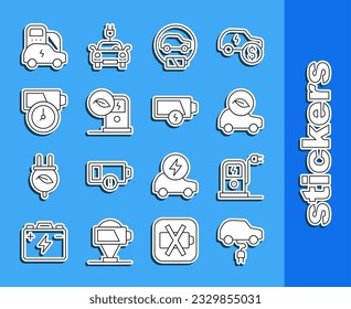 Set line Electric car, charging station, Eco, Battery charge,  and Low battery icon. Vector