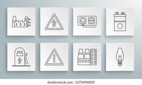 Set line Electric car charging station, High voltage sign, Exclamation mark triangle, Power plant and factory, Light bulb, Electrical outlet, Car battery and  icon. Vector