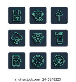 Set line Electric car charging station, Power button, Radioactive, High voltage sign, Biohazard symbol, Acid rain and radioactive cloud, warning lamp and Fire extinguisher icon. Vector