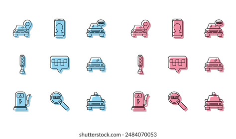 Set line Electric car charging station, Magnifying glass and taxi, Map pointer with, Taxi, Car, Traffic light and call telephone service icon. Vector