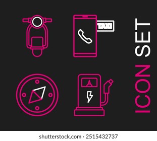 Set line Electric car charging station, Compass, Taxi call telephone service and Scooter icon. Vector