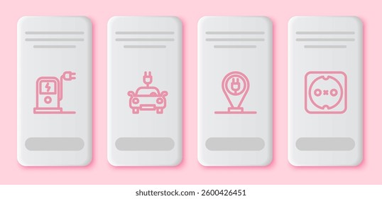 Set line Electric car charging station, Charging parking electric and Electrical outlet. White rectangle button. Vector