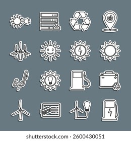 Set line Electric car charging station, Car battery with recycle, Sun, Recycle symbol, Cute sun smile, Wind turbines, electric plug and Solar energy panel icon. Vector