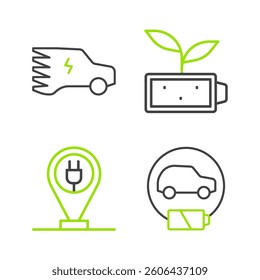 Set line Electric car, Charging parking electric, Eco nature leaf battery and  icon. Vector