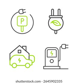 Set line Electric car charging station, Charging home, saving plug leaf and parking electric icon. Vector