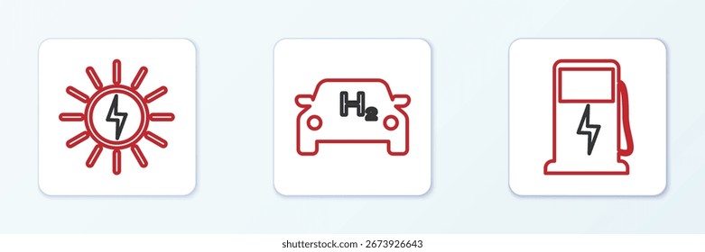 Set-Line-Ladestation für Elektroautos, Sonnenkollektor und Wasserstoff-Ikone. Vektorgrafik