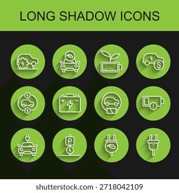 Set line Electric car, Charging parking electric, service, saving plug leaf, Car battery, Low and  icon. Vector