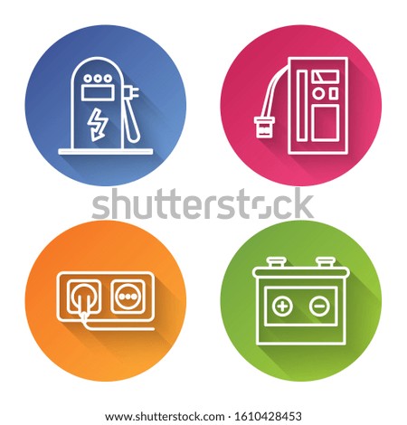 Set line Electric car charging station, Battery, Electrical outlet and Car battery. Color circle button. Vector