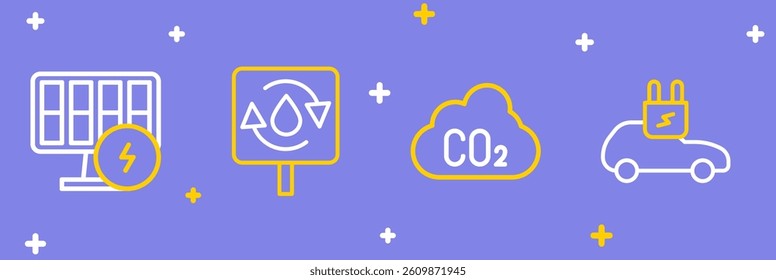 Set line Electric car, CO2 emissions in cloud, Recycle clean aqua and Solar energy panel icon. Vector