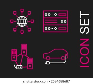 Set line Electric car, Computer network, Server, Data, Web Hosting and Social icon. Vector