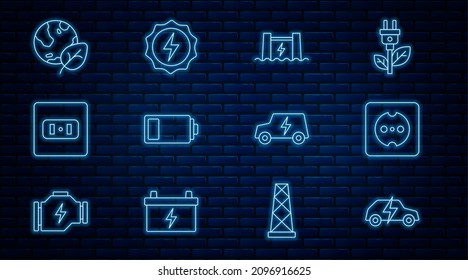 Set Line Elektrische Auto, Elektrische Steckdose, Wasserkraftdamm, Battery, Erdkugel und Blatt, und Blitze Symbol. Vektorgrafik