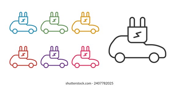 Set line Electric car and electrical cable plug charging icon isolated on white background. Renewable eco technologies. Set icons colorful. Vector