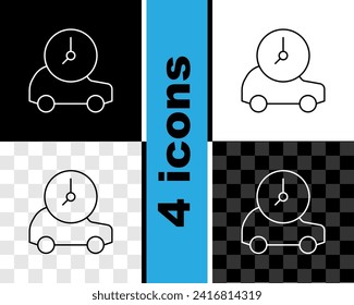 Set line Electric car and electrical cable plug charging icon isolated on black and white, transparent background. Renewable eco technologies.  Vector