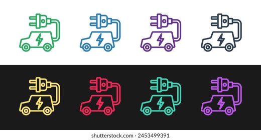 El coche eléctrico y el icono de carga del enchufe del cable eléctrico aislados en el fondo blanco y negro. Ecotecnologías renovables.  Vector