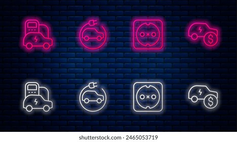 Set line Electric car, Electrical outlet,  and price. Glowing neon icon on brick wall. Vector