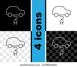 Icono de carga del enchufe del coche eléctrico y del cable eléctrico aislado en blanco y negro, fondo transparente. Tecnologías ecológicas renovables.  Vector