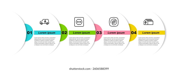 Set line Electric car, Electrical outlet, Location with leaf and Solar energy panel. Business infographic template. Vector