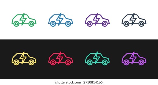 Icono de carga del enchufe del coche eléctrico y del cable eléctrico aislado en el fondo blanco y negro. Tecnologías ecológicas renovables.  Vector