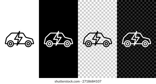 Definir linha Carro elétrico e cabo elétrico plug ícone de carregamento isolado em preto e branco, fundo transparente. Tecnologias ecológicas renováveis  Vetor