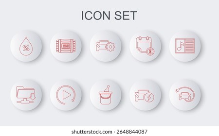 Definir linha Carro elétrico, FTP pasta de download, Serviço de carro, Percentual de gota de água, Barril de madeira para vinho, Botão de jogo de vídeo e Bottle of bucket icon. Vetor