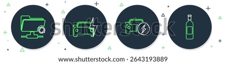 Set line Electric car, FTP sync refresh and Bottle of wine icon. Vector