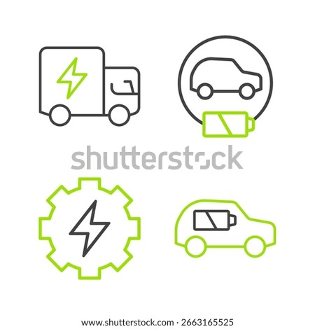 Set line Electric car, Gear and lightning,  and truck icon. Vector