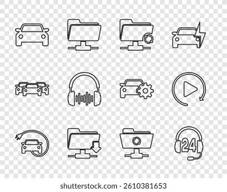 Set line Electric car, Headphone for support, FTP sync refresh, folder download, Car, and sound waves,  and Video play button icon. Vector