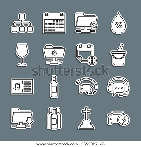 Set line Electric car, Headphones with speech bubble, Bottle of wine in bucket, FTP sync refresh, settings folder, Wine glass, Hierarchy organogram chart and Calendar and clock icon. Vector