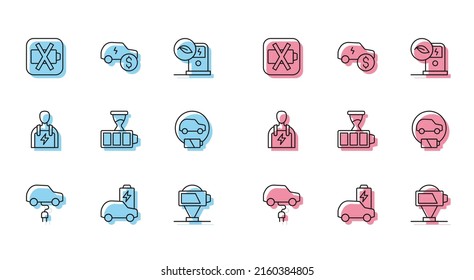 Set line Electric car, Low battery, Battery charge, Car mechanic and price icon. Vector