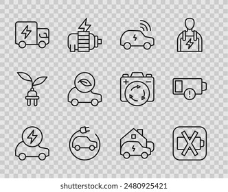 Set line Coche eléctrico, batería baja, sistema inteligente, camión, eco, hogar de carga e icono. Vector