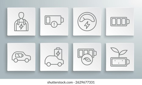 Set-Linie Elektroauto, Low-Batterie, Eco Naturblatt, Voltmeter, Batterieladung und Automechaniker-Symbol. Vektorgrafik