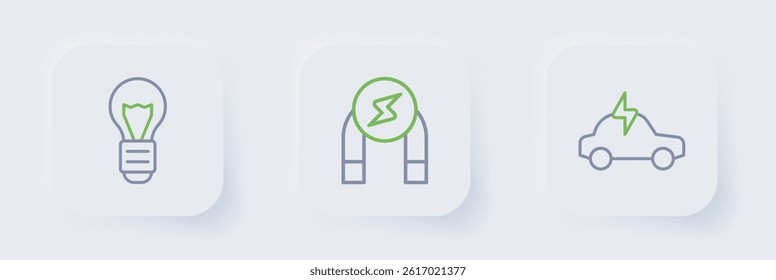 Set line Electric car, Magnet and Creative lamp light idea icon. Vector