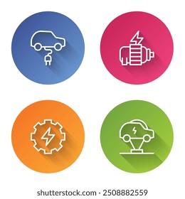 Set line Electric car, motor, Gear and lightning and . Color circle button. Vector