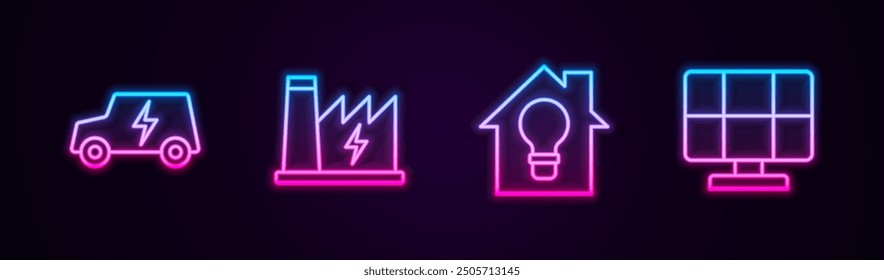 Elektroauto, Kernkraftwerk, Smart House und Glühbirne und Solarenergie-Panel. Leuchtendes Neonsymbol. Vektorgrafik