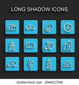 Set line Electric car, plug, Solar energy panel, Antenna, Hydroelectric dam, Battery, Eco fuel canister and  icon. Vector