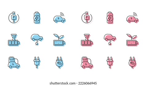 Set-Line Elektrische Auto, Stecker, Ladestellen mit Strom, sparendes Blatt, Eco Naturbatterie, Batterieladung und Icon. Vektorgrafik