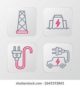 Set line Electric car, plug, Hydroelectric dam and Antenna icon. Vector