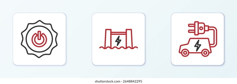 Set line Electric car, Power button and Hydroelectric dam icon. Vector
