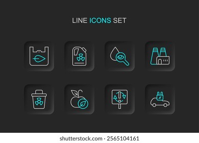 Set line Electric car, Recycle symbol, Apple, Infectious waste, Factory production, Drop and magnifying glass, Radioactive barrel and Shopping bag with recycle icon. Vector