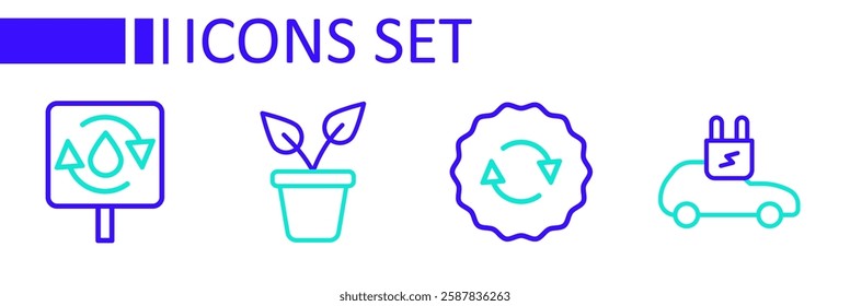 Set line Electric car, Recycle symbol, Plant in pot and clean aqua icon. Vector